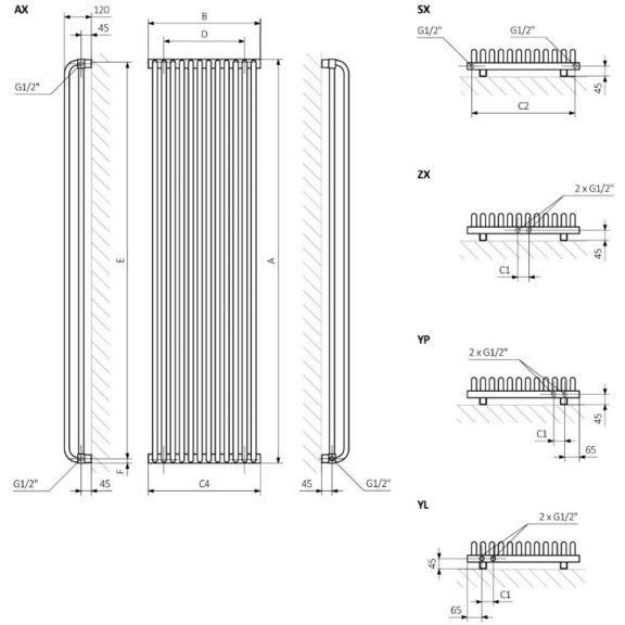 TERMA Delfin Designheizkörper Schema für vertikale Variante