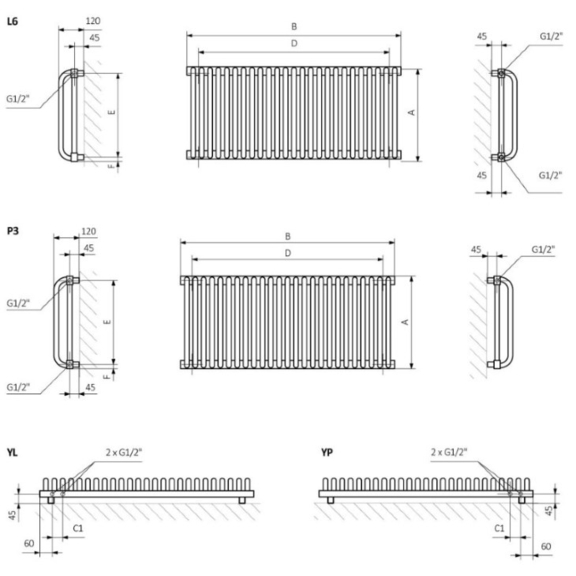 TERMA Delfin Designheizkörper Schema für horizontale Variante